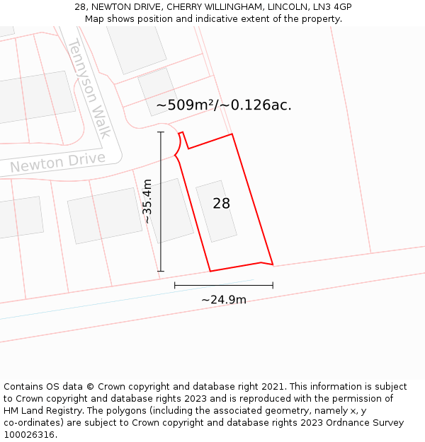 28, NEWTON DRIVE, CHERRY WILLINGHAM, LINCOLN, LN3 4GP: Plot and title map