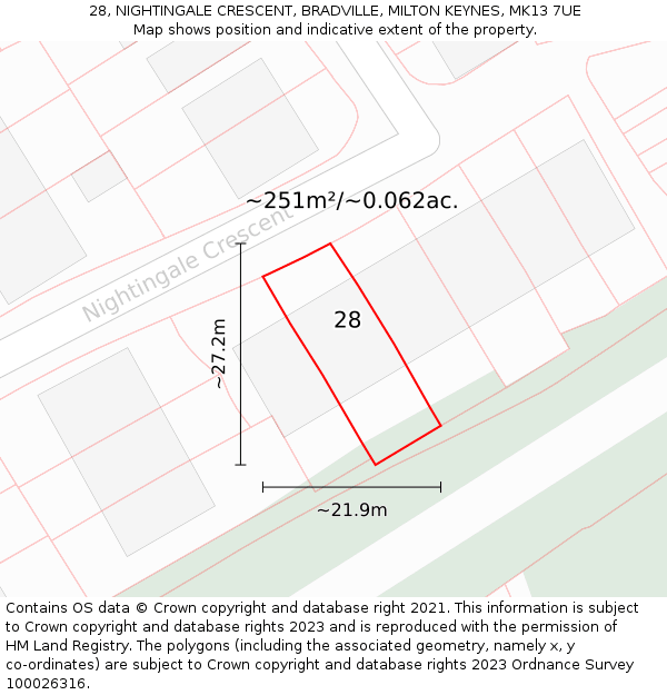 28, NIGHTINGALE CRESCENT, BRADVILLE, MILTON KEYNES, MK13 7UE: Plot and title map