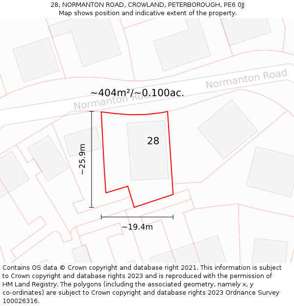 28, NORMANTON ROAD, CROWLAND, PETERBOROUGH, PE6 0JJ: Plot and title map