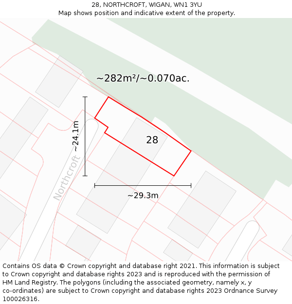 28, NORTHCROFT, WIGAN, WN1 3YU: Plot and title map