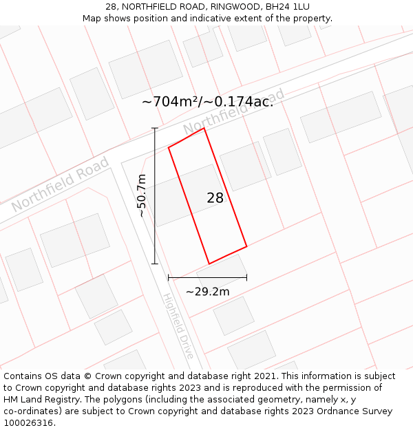 28, NORTHFIELD ROAD, RINGWOOD, BH24 1LU: Plot and title map