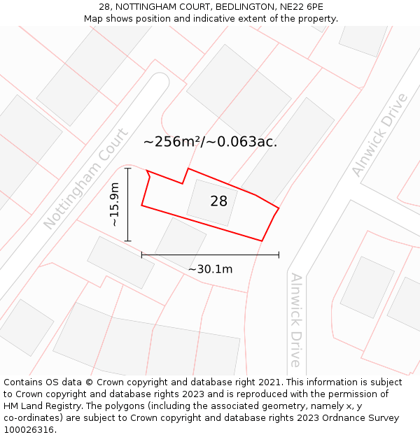 28, NOTTINGHAM COURT, BEDLINGTON, NE22 6PE: Plot and title map