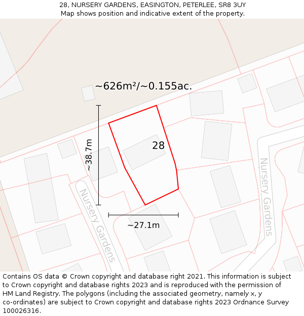 28, NURSERY GARDENS, EASINGTON, PETERLEE, SR8 3UY: Plot and title map