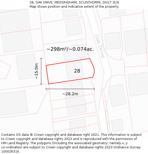 28, OAK DRIVE, MESSINGHAM, SCUNTHORPE, DN17 3US: Plot and title map