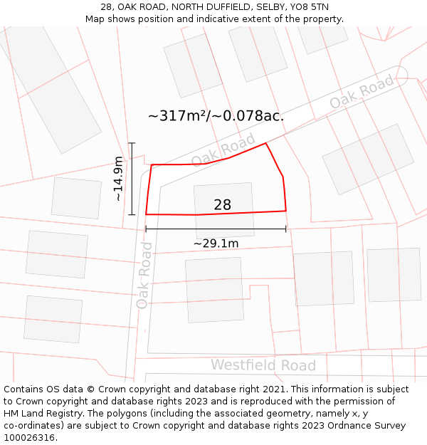 28, OAK ROAD, NORTH DUFFIELD, SELBY, YO8 5TN: Plot and title map