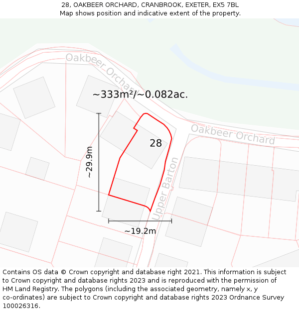 28, OAKBEER ORCHARD, CRANBROOK, EXETER, EX5 7BL: Plot and title map