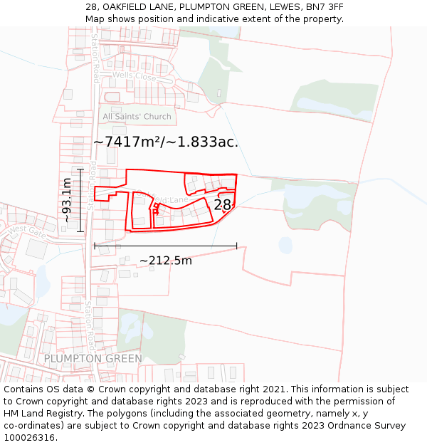 28, OAKFIELD LANE, PLUMPTON GREEN, LEWES, BN7 3FF: Plot and title map