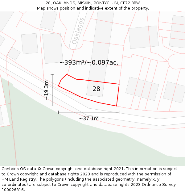 28, OAKLANDS, MISKIN, PONTYCLUN, CF72 8RW: Plot and title map