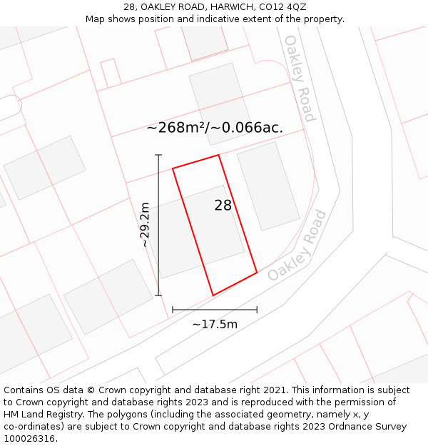 28, OAKLEY ROAD, HARWICH, CO12 4QZ: Plot and title map