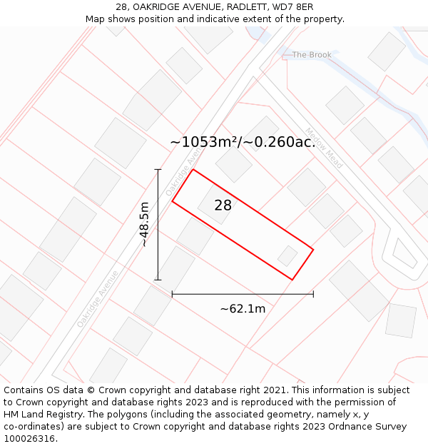 28, OAKRIDGE AVENUE, RADLETT, WD7 8ER: Plot and title map