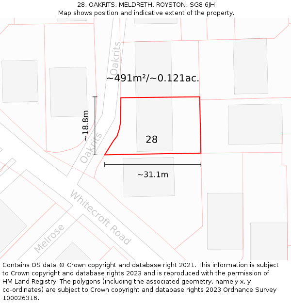 28, OAKRITS, MELDRETH, ROYSTON, SG8 6JH: Plot and title map