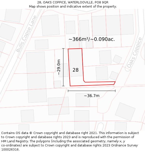 28, OAKS COPPICE, WATERLOOVILLE, PO8 9QR: Plot and title map