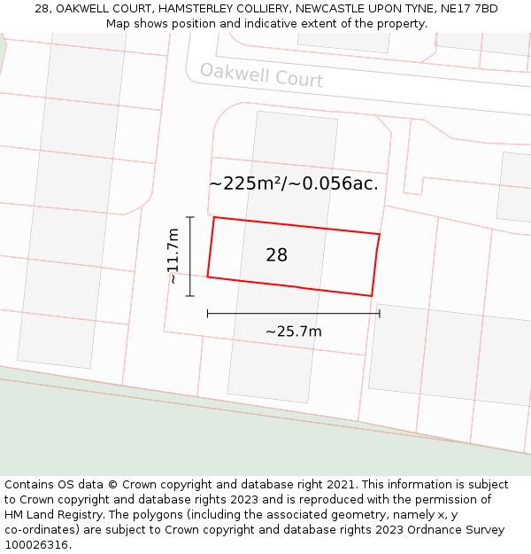 28, OAKWELL COURT, HAMSTERLEY COLLIERY, NEWCASTLE UPON TYNE, NE17 7BD: Plot and title map