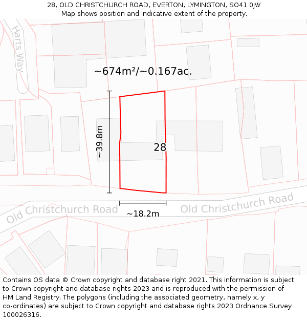 28, OLD CHRISTCHURCH ROAD, EVERTON, LYMINGTON, SO41 0JW: Plot and title map