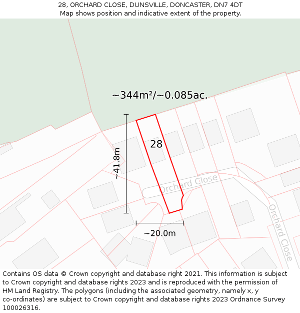 28, ORCHARD CLOSE, DUNSVILLE, DONCASTER, DN7 4DT: Plot and title map