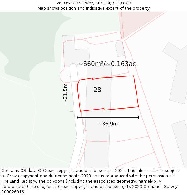 28, OSBORNE WAY, EPSOM, KT19 8GR: Plot and title map