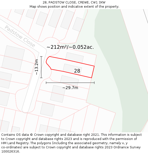 28, PADSTOW CLOSE, CREWE, CW1 3XW: Plot and title map