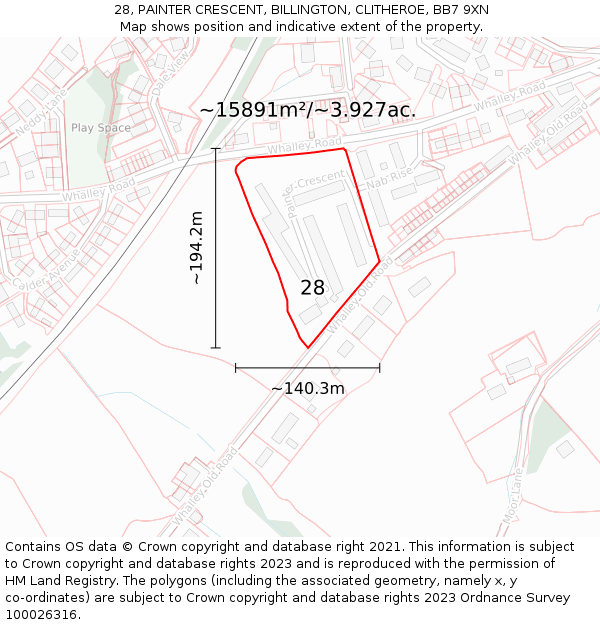 28, PAINTER CRESCENT, BILLINGTON, CLITHEROE, BB7 9XN: Plot and title map