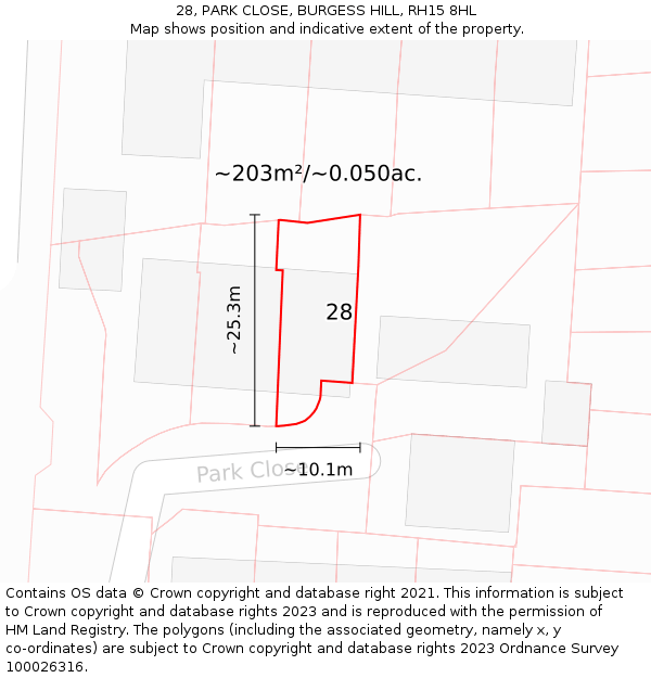 28, PARK CLOSE, BURGESS HILL, RH15 8HL: Plot and title map