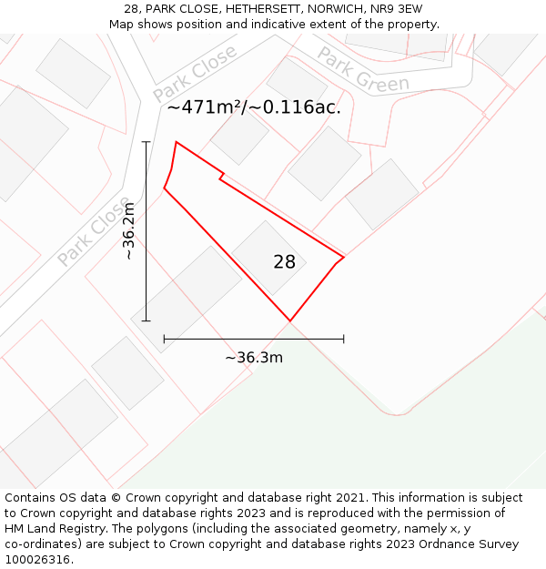 28, PARK CLOSE, HETHERSETT, NORWICH, NR9 3EW: Plot and title map
