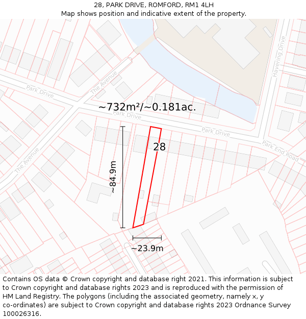 28, PARK DRIVE, ROMFORD, RM1 4LH: Plot and title map