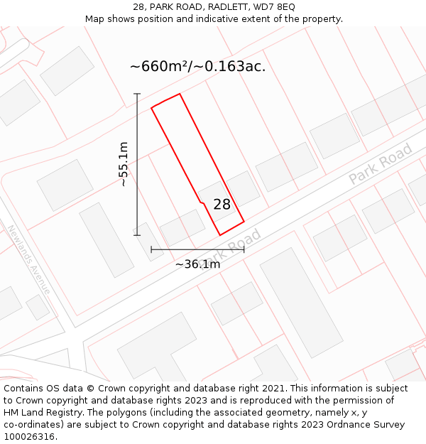 28, PARK ROAD, RADLETT, WD7 8EQ: Plot and title map