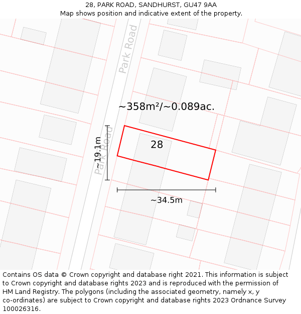 28, PARK ROAD, SANDHURST, GU47 9AA: Plot and title map