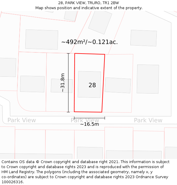 28, PARK VIEW, TRURO, TR1 2BW: Plot and title map