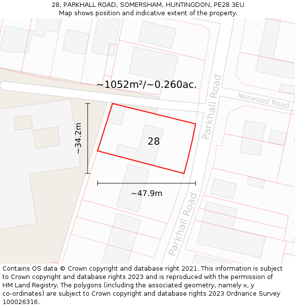 28, PARKHALL ROAD, SOMERSHAM, HUNTINGDON, PE28 3EU: Plot and title map