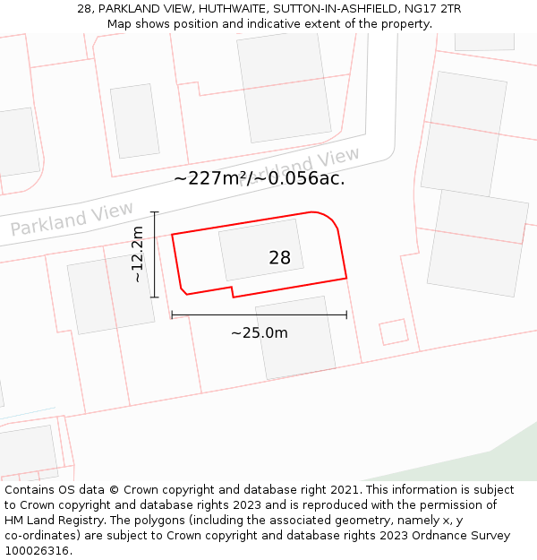 28, PARKLAND VIEW, HUTHWAITE, SUTTON-IN-ASHFIELD, NG17 2TR: Plot and title map