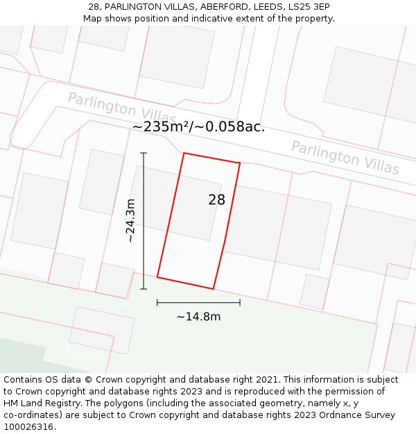 28, PARLINGTON VILLAS, ABERFORD, LEEDS, LS25 3EP: Plot and title map