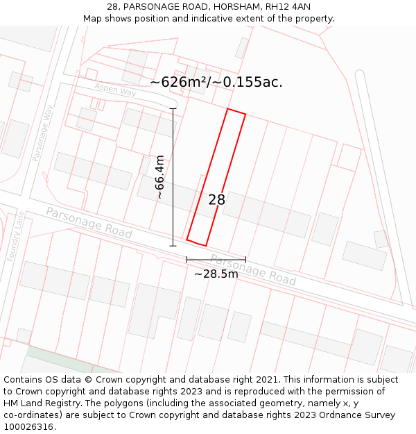 28, PARSONAGE ROAD, HORSHAM, RH12 4AN: Plot and title map
