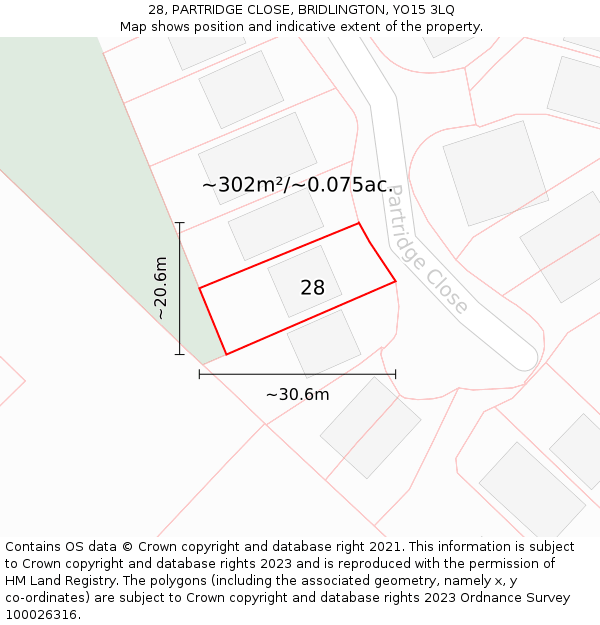 28, PARTRIDGE CLOSE, BRIDLINGTON, YO15 3LQ: Plot and title map