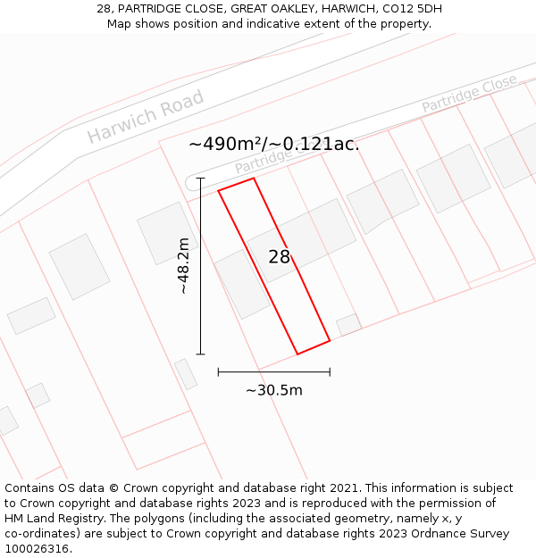 28, PARTRIDGE CLOSE, GREAT OAKLEY, HARWICH, CO12 5DH: Plot and title map