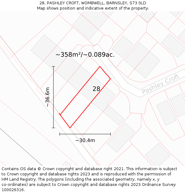 28, PASHLEY CROFT, WOMBWELL, BARNSLEY, S73 0LD: Plot and title map