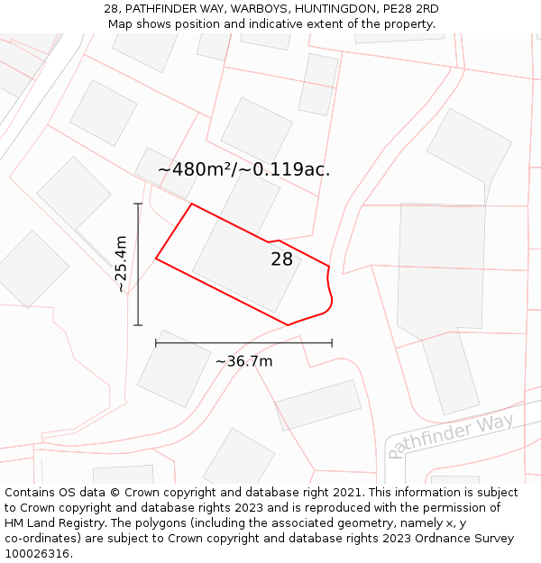 28, PATHFINDER WAY, WARBOYS, HUNTINGDON, PE28 2RD: Plot and title map