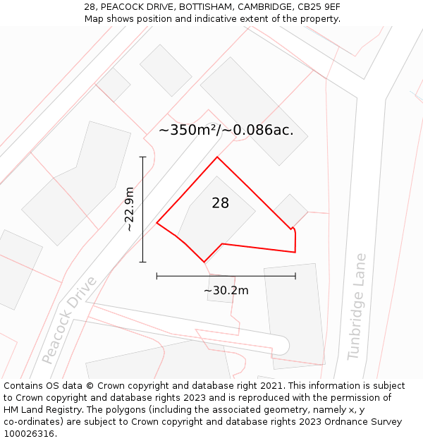 28, PEACOCK DRIVE, BOTTISHAM, CAMBRIDGE, CB25 9EF: Plot and title map