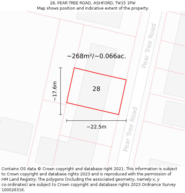 28, PEAR TREE ROAD, ASHFORD, TW15 1PW: Plot and title map