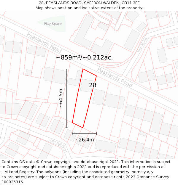 28, PEASLANDS ROAD, SAFFRON WALDEN, CB11 3EF: Plot and title map