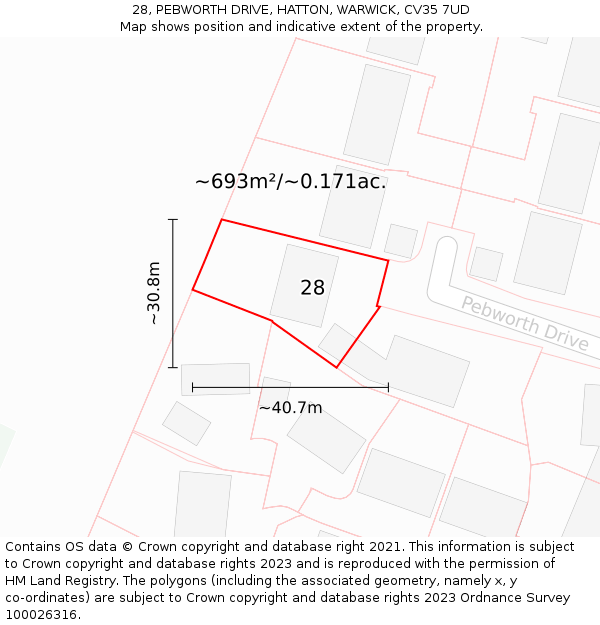 28, PEBWORTH DRIVE, HATTON, WARWICK, CV35 7UD: Plot and title map