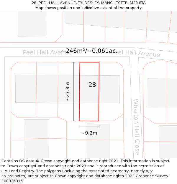 28, PEEL HALL AVENUE, TYLDESLEY, MANCHESTER, M29 8TA: Plot and title map