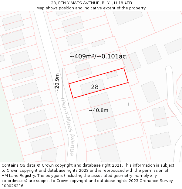 28, PEN Y MAES AVENUE, RHYL, LL18 4EB: Plot and title map