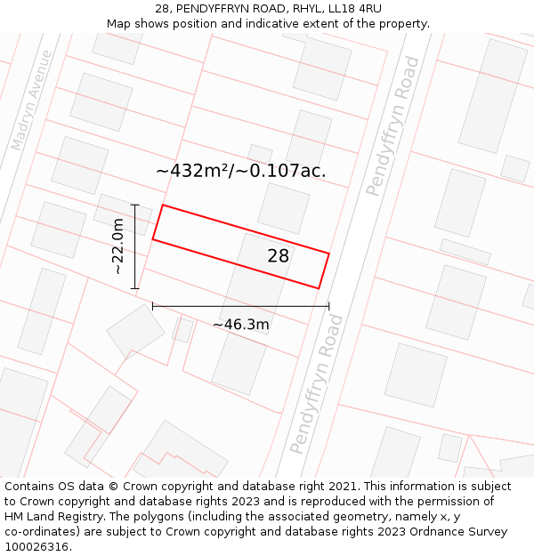 28, PENDYFFRYN ROAD, RHYL, LL18 4RU: Plot and title map