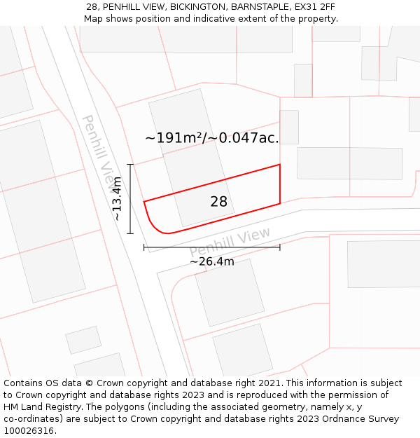 28, PENHILL VIEW, BICKINGTON, BARNSTAPLE, EX31 2FF: Plot and title map