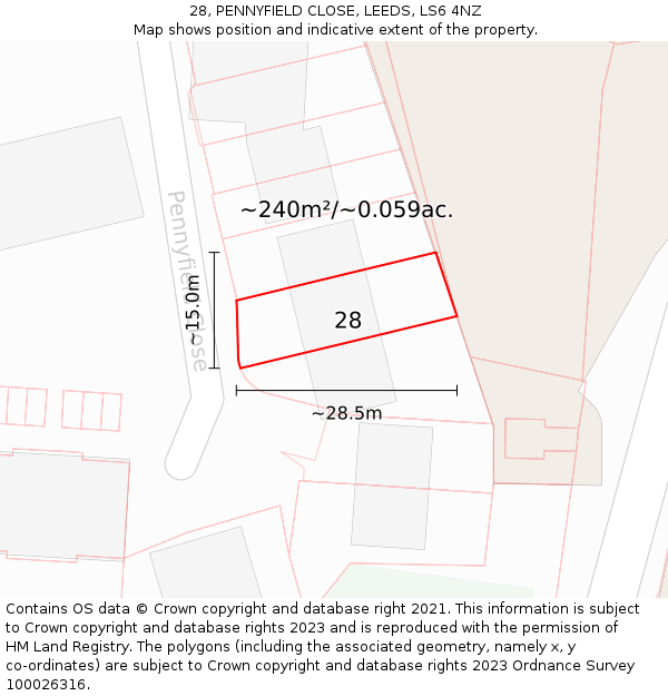 28, PENNYFIELD CLOSE, LEEDS, LS6 4NZ: Plot and title map