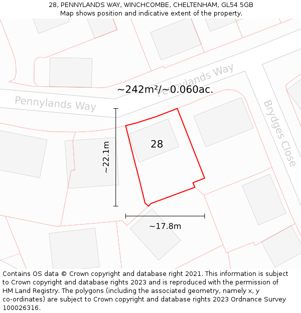 28, PENNYLANDS WAY, WINCHCOMBE, CHELTENHAM, GL54 5GB: Plot and title map