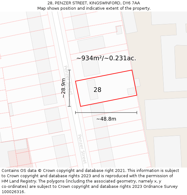 28, PENZER STREET, KINGSWINFORD, DY6 7AA: Plot and title map