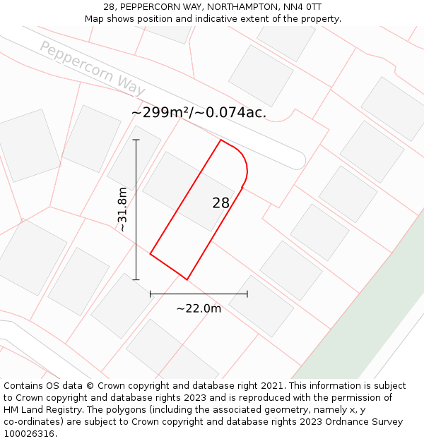 28, PEPPERCORN WAY, NORTHAMPTON, NN4 0TT: Plot and title map