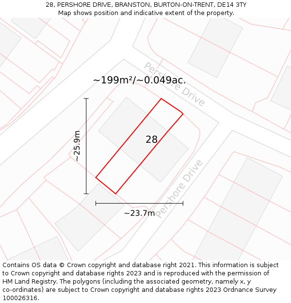 28, PERSHORE DRIVE, BRANSTON, BURTON-ON-TRENT, DE14 3TY: Plot and title map