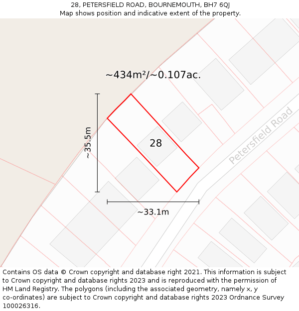 28, PETERSFIELD ROAD, BOURNEMOUTH, BH7 6QJ: Plot and title map